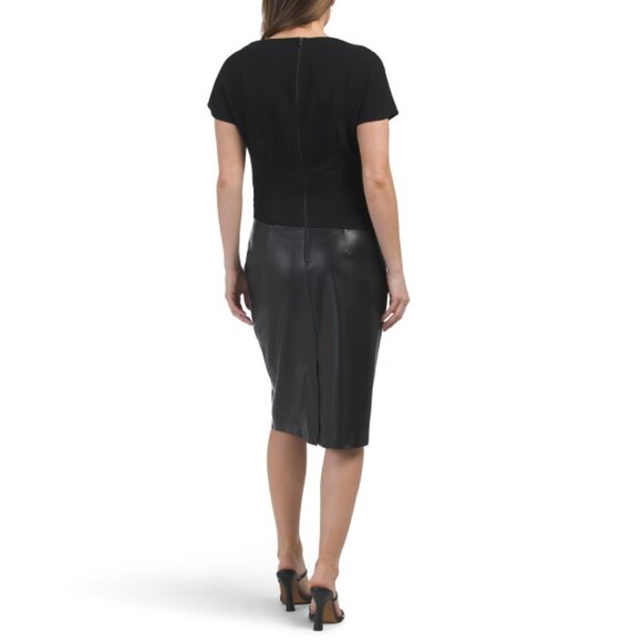 TERI JON Black Cap Sleeve Crepe Bodice Midi Dress With Faux Leather Skirt - Picture 2 of 2